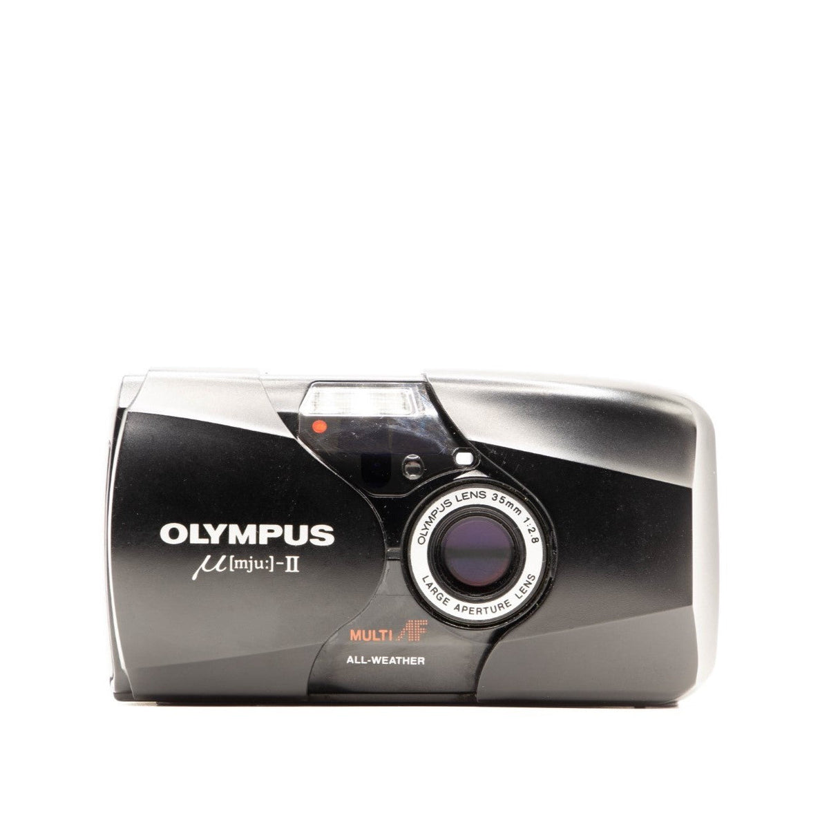 Olympus Mju II 35mm point-and-shoot film camera, black body, a compact vintage camera to inspect for common faults