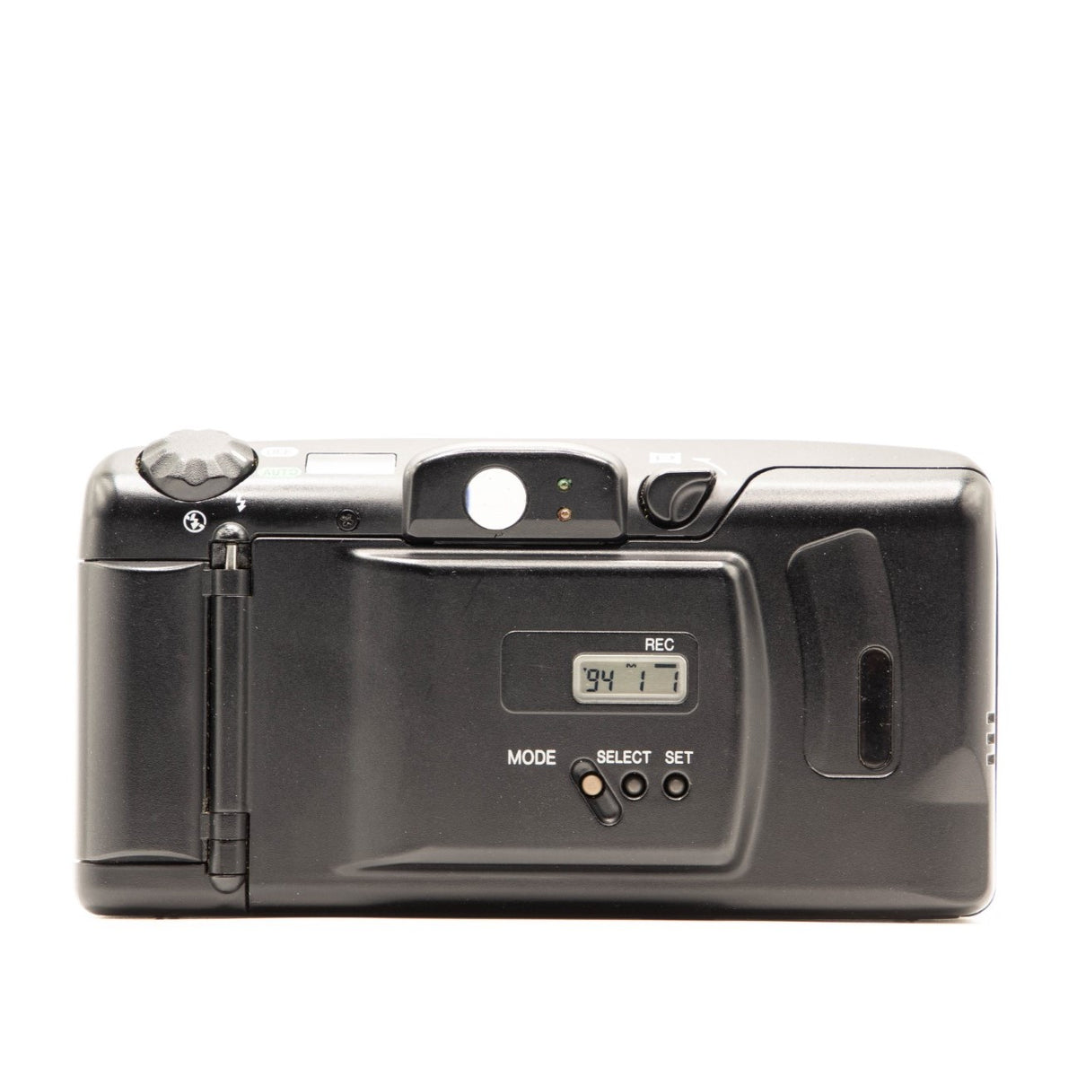 Back view of the Canon Autoboy Luna 85 vintage 35mm camera showing film door and controls
