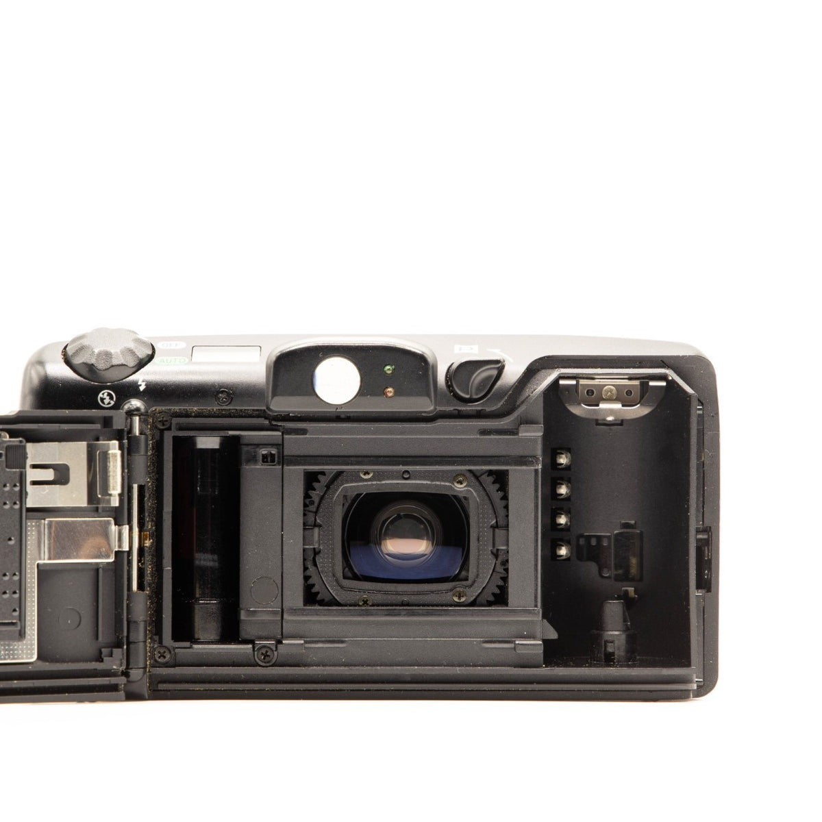 Internal view of the Canon Autoboy Luna 85 lens mechanism and mechanics – 35mm film camera close-up