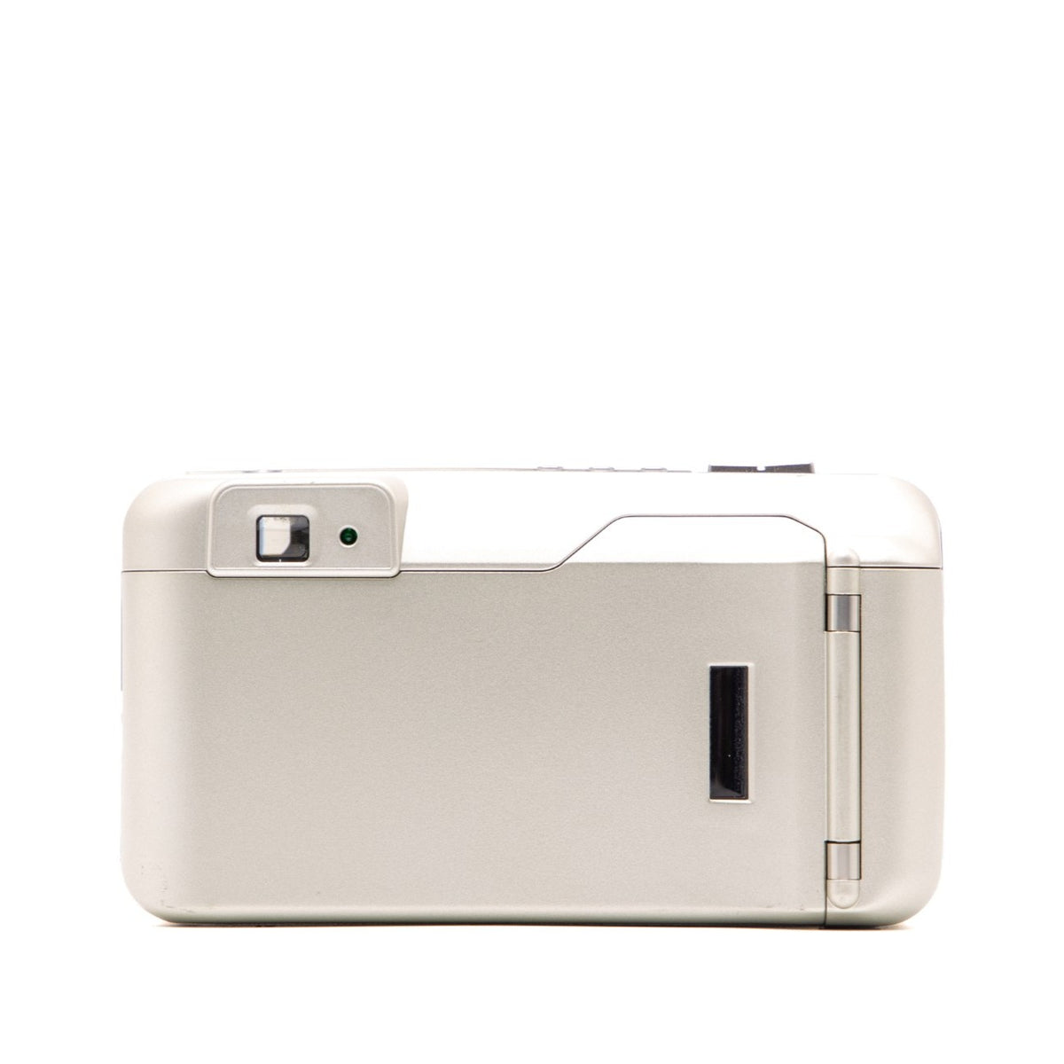 Back view of the Konica Minolta Zoom 130C vintage 35mm camera showing film door and controls