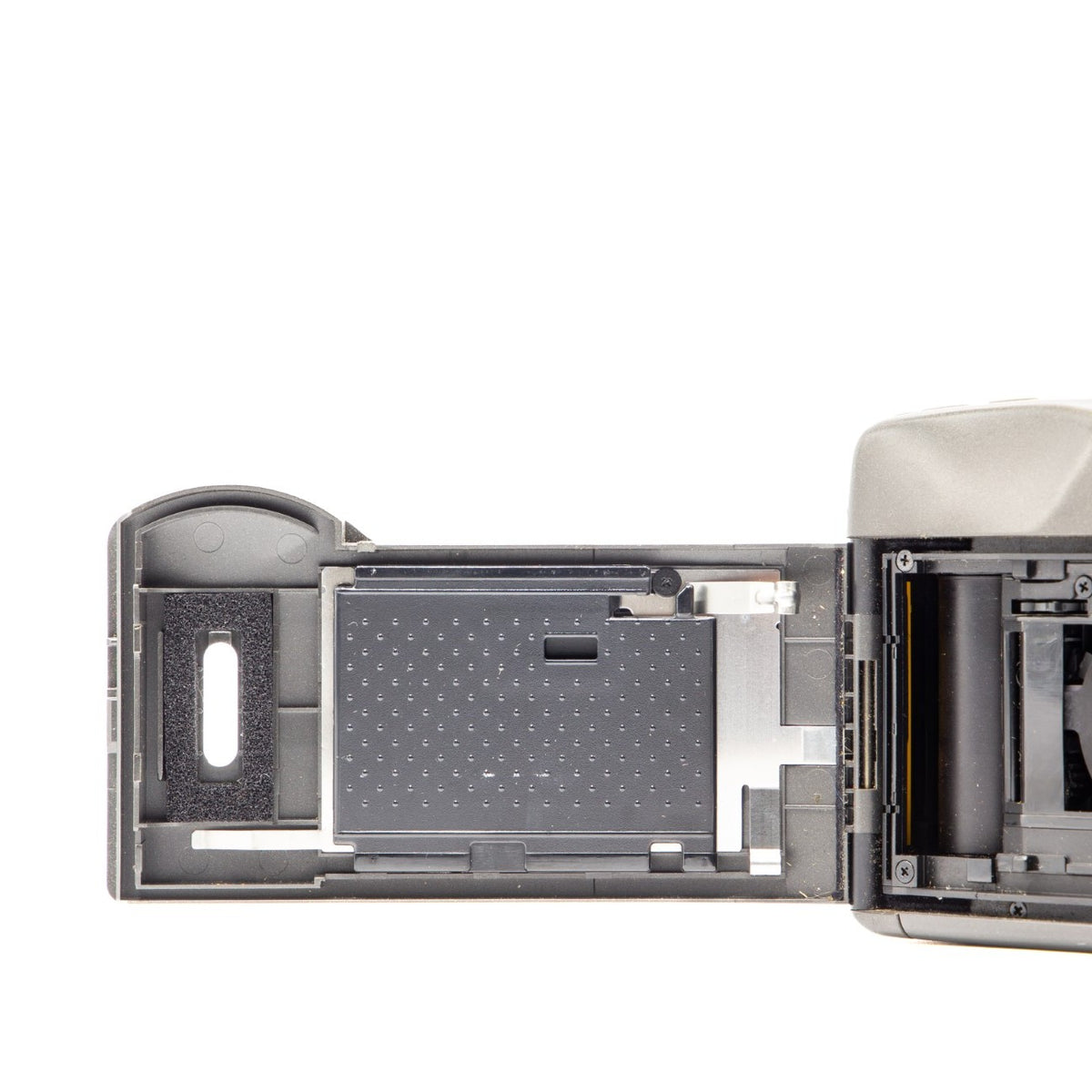 Leica Mini Zoom vintage camera – internal view of the film chamber door and mechanism