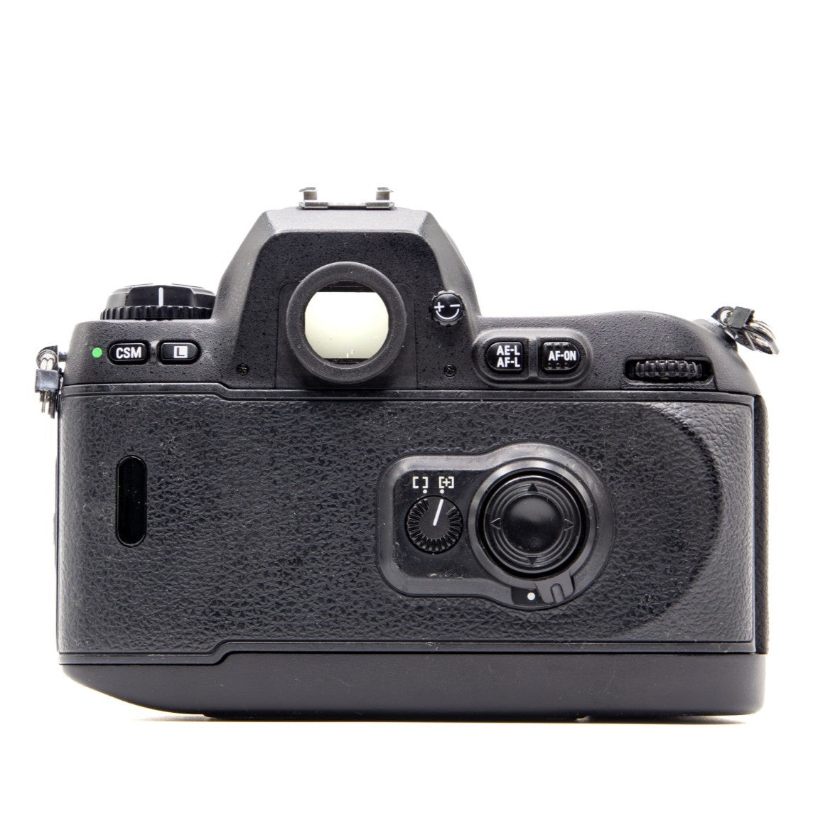 Back view of the Nikon F100 vintage 35mm SLR camera showing film door and controls