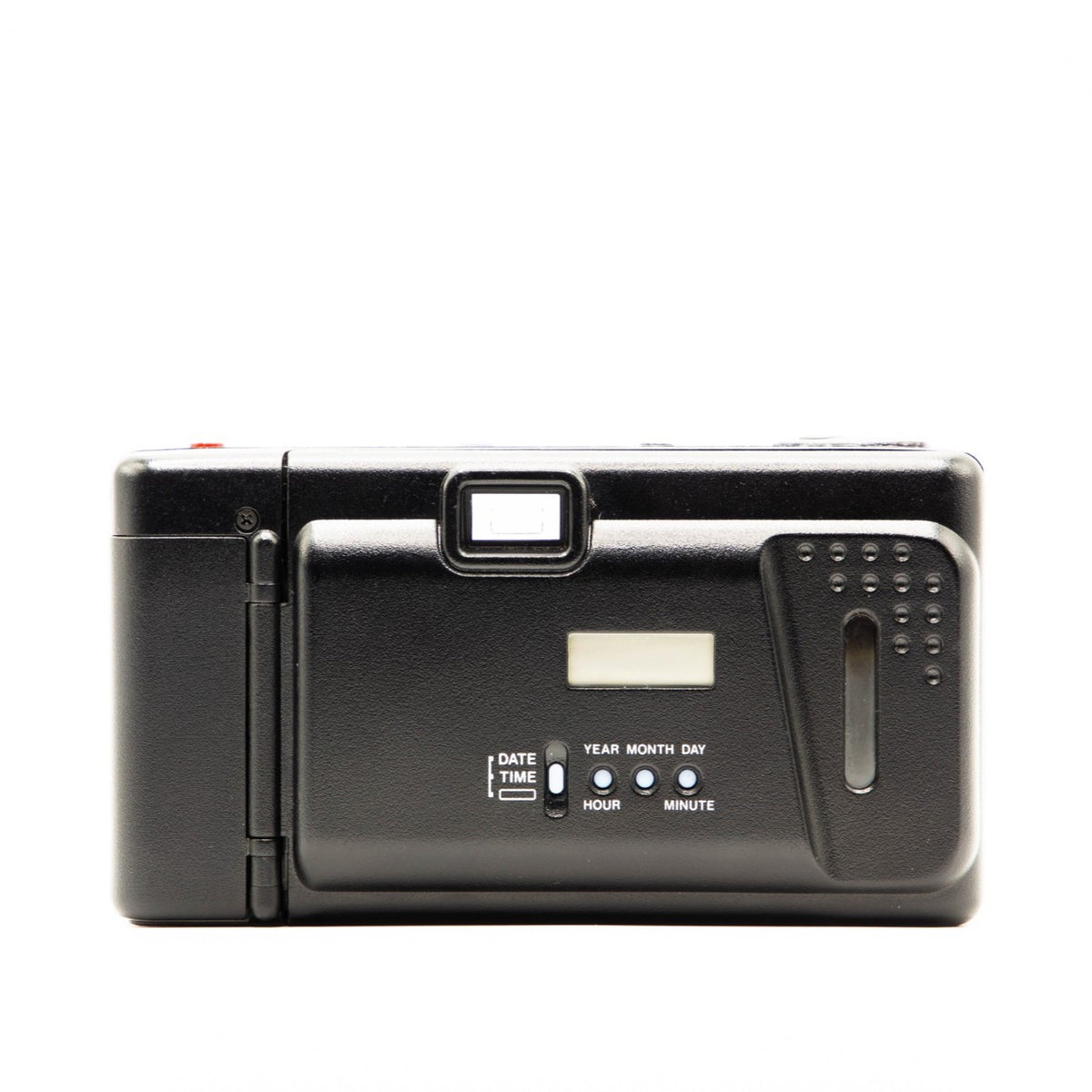 Back view of the Olympus AM-100 vintage 35mm camera showing film door and controls
