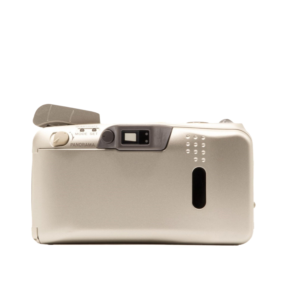 Back view of the Olympus MJU Zoom 140 VF vintage 35mm camera showing film door and controls