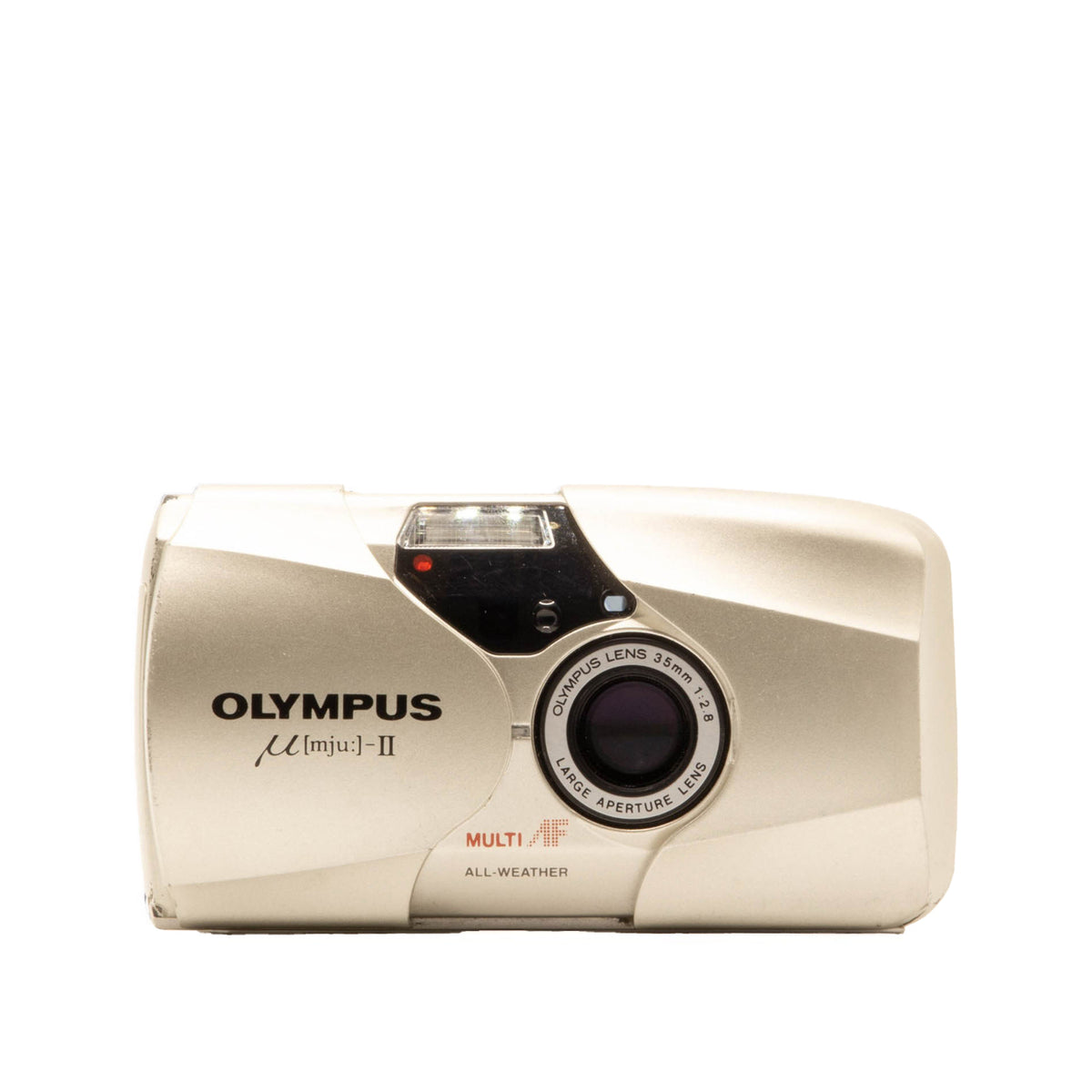 Olympus MJU II vintage 35mm film camera – front view, silver body