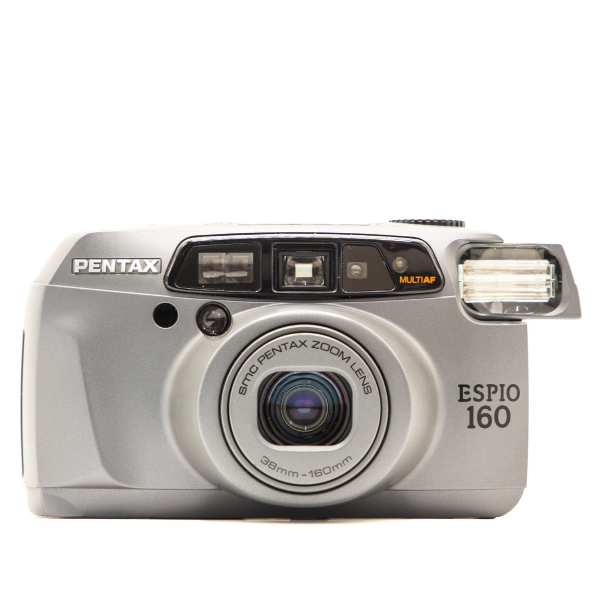 Pentax Espio 160 35mm film camera in grey – front view of this vintage point-and-shoot camera