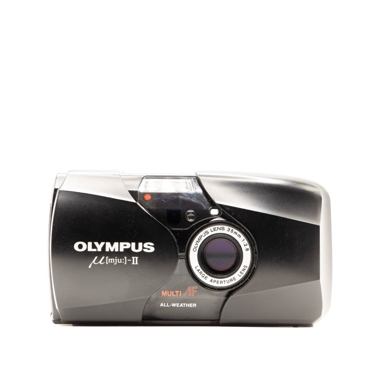 Olympus Mju II 35mm point-and-shoot film camera, black body, a compact vintage camera to inspect for common faults