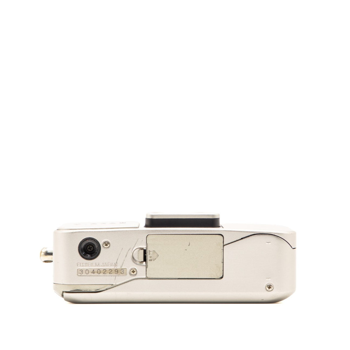 Bottom view of the Fujifilm Tiara II 35mm film camera body showing the base plate