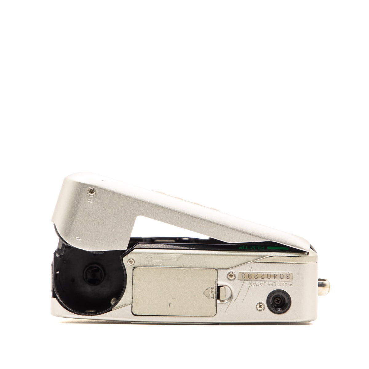 Fujifilm Tiara II film chamber door open, showing the 35mm film loading mechanism