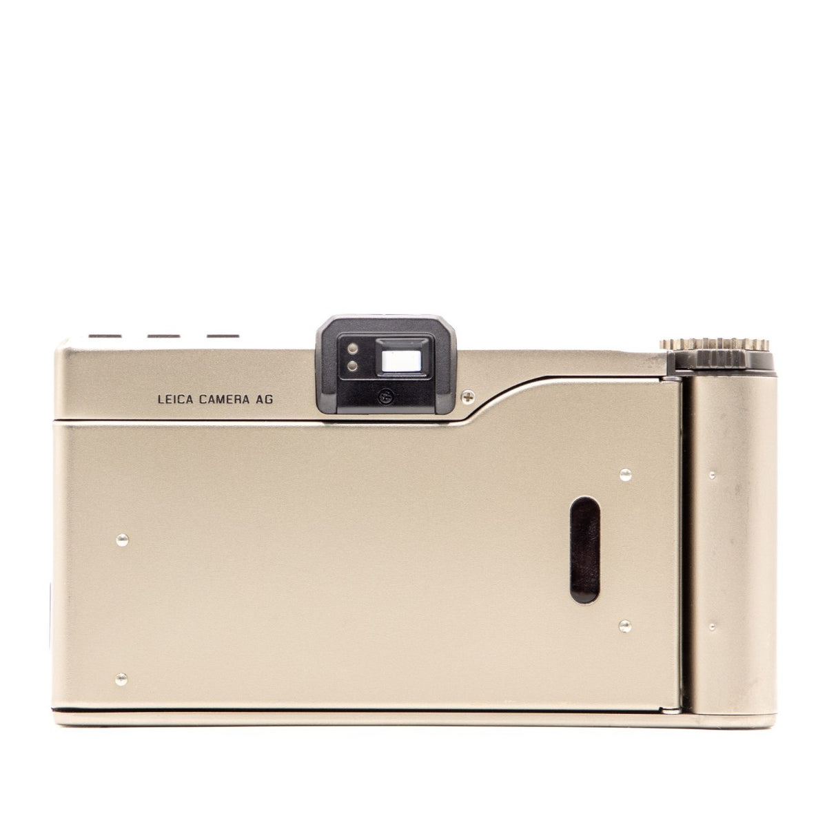 Back view of the Leica Minilux vintage 35mm camera showing film door and controls