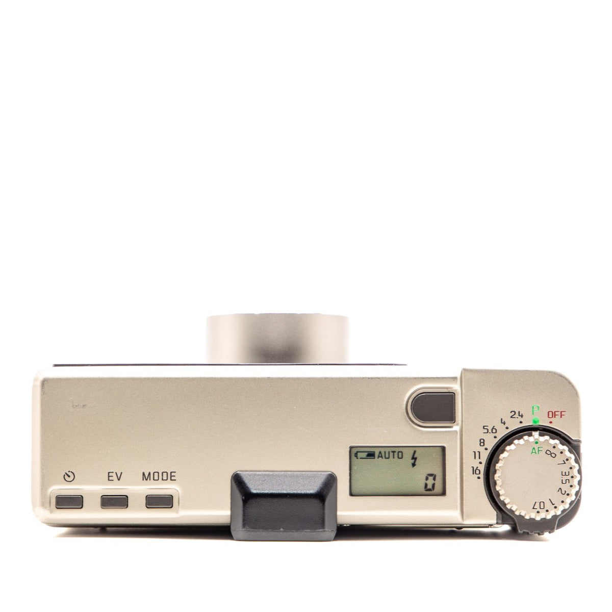 Top plate of the Leica Minilux 35mm film camera showing shutter button and dials