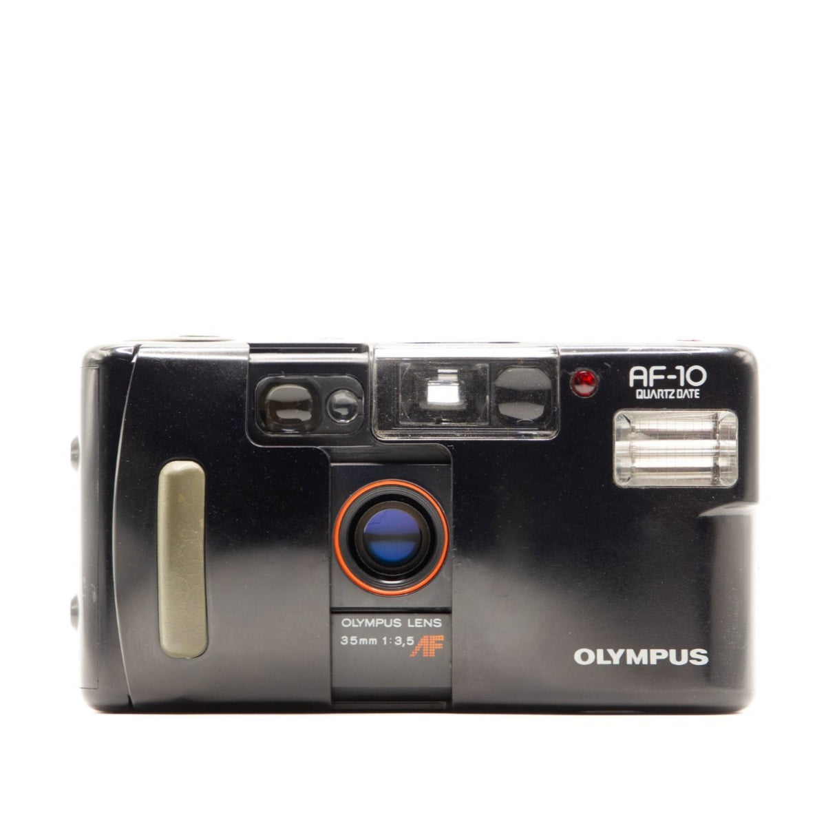 Black Olympus AF-10 camera on a white background