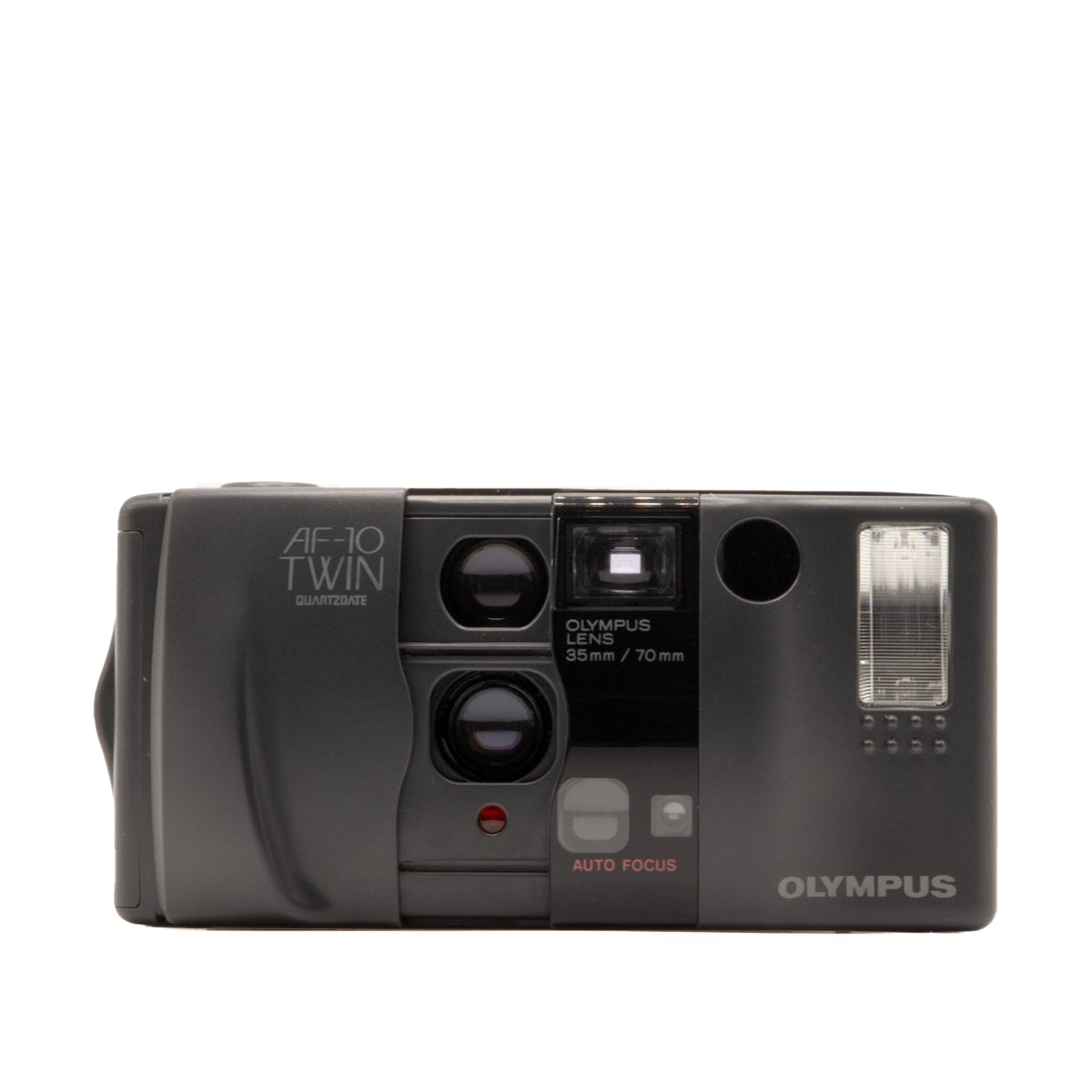 Black Olympus AF-10 Twin camera on a white background