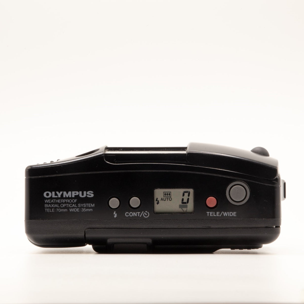 Top plate of the Olympus AF-1 Twin 35mm film camera showing shutter button and dials