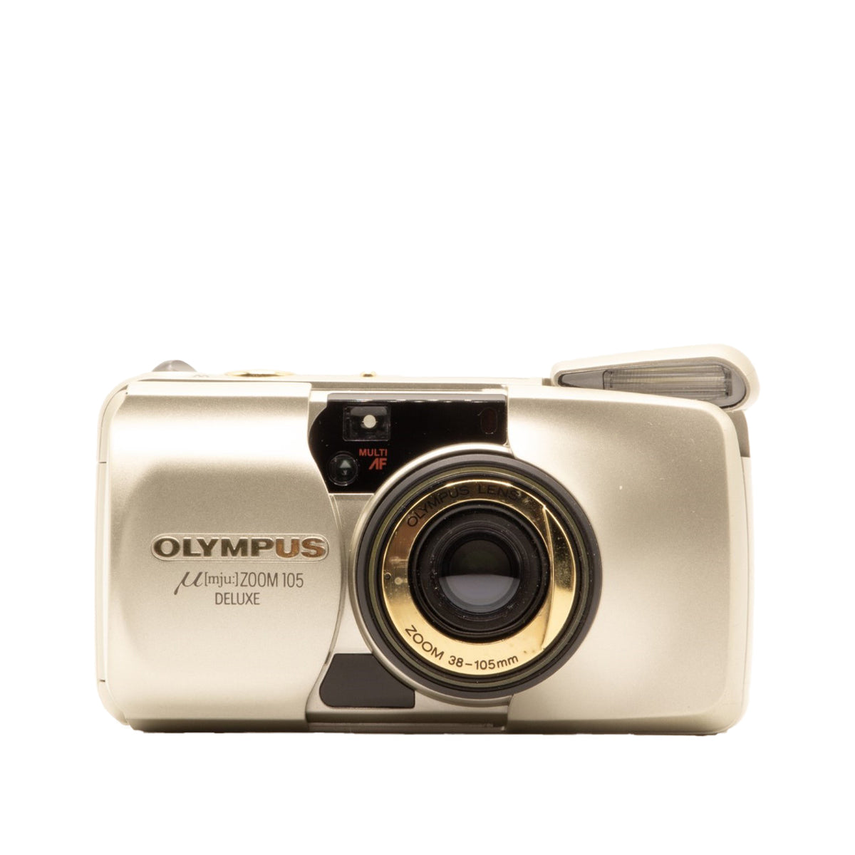 Olympus MJU Zoom 105 Deluxe 35mm film camera – front view of this vintage point-and-shoot camera