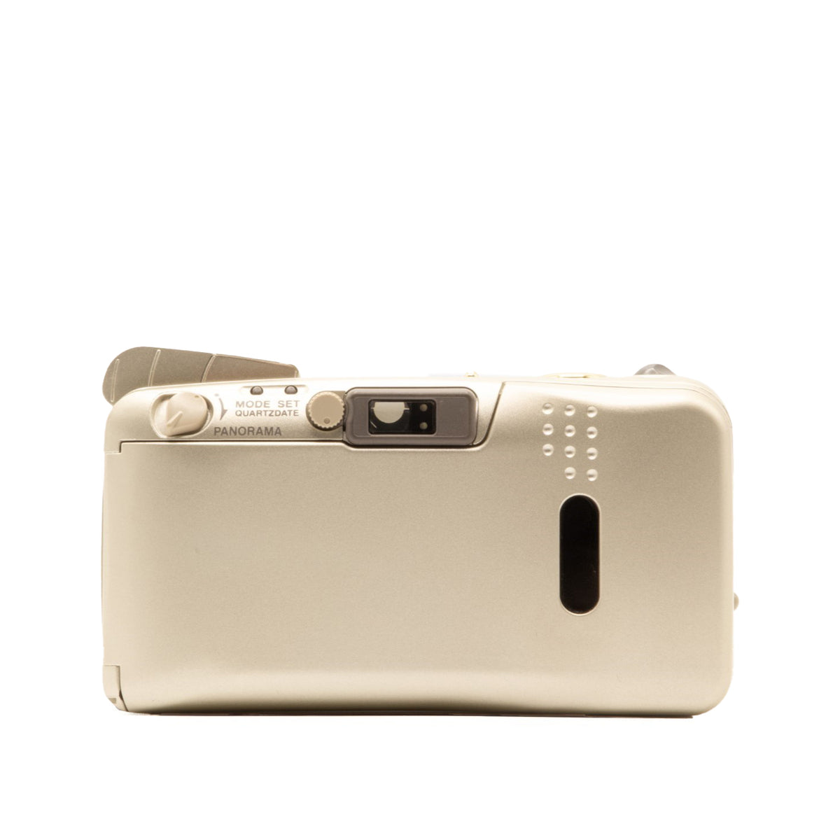 Back view of the Olympus MJU Zoom 105 Deluxe vintage 35mm camera showing film door and controls