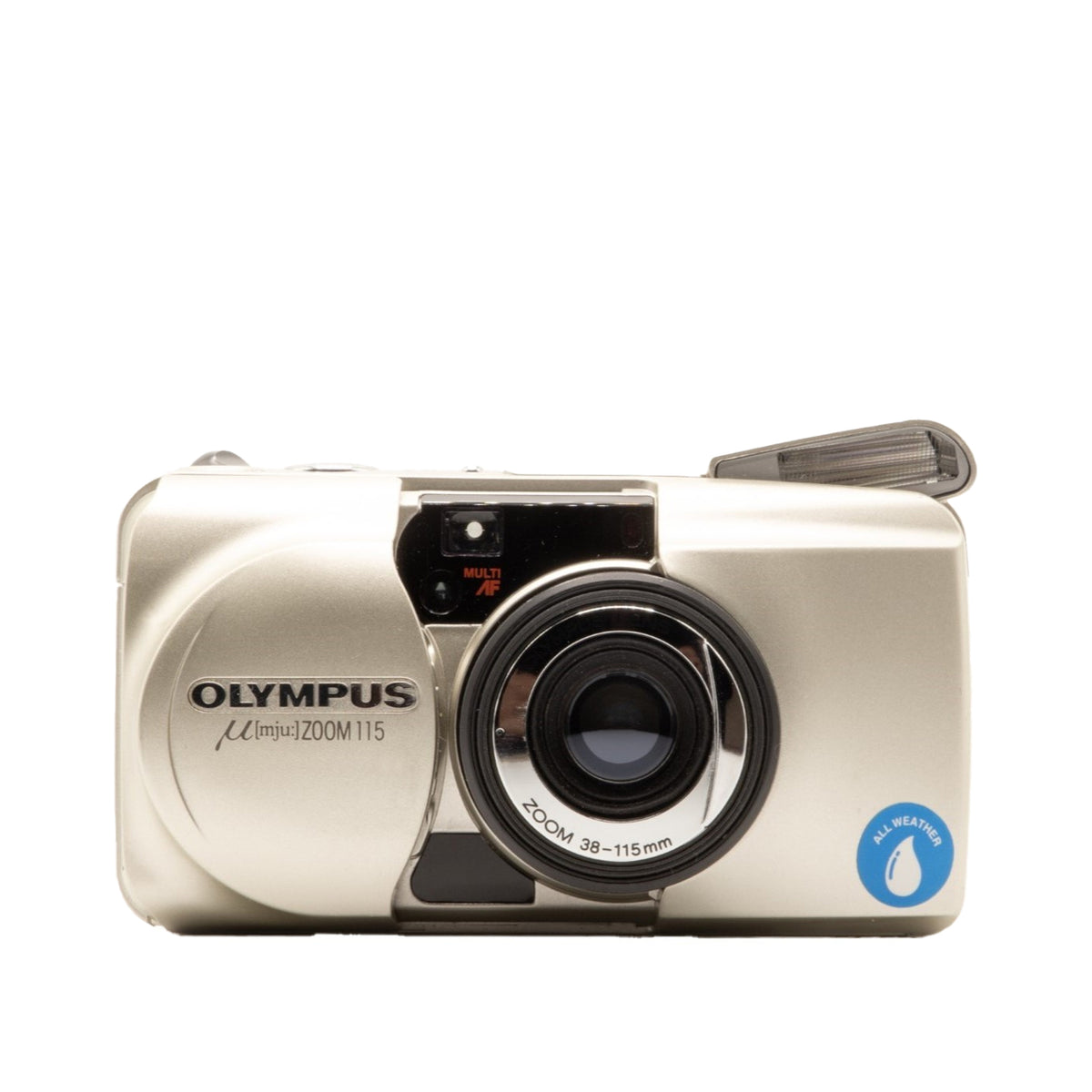 Olympus MJU Zoom 115 35mm film camera (Gold) – front view of this vintage point-and-shoot camera