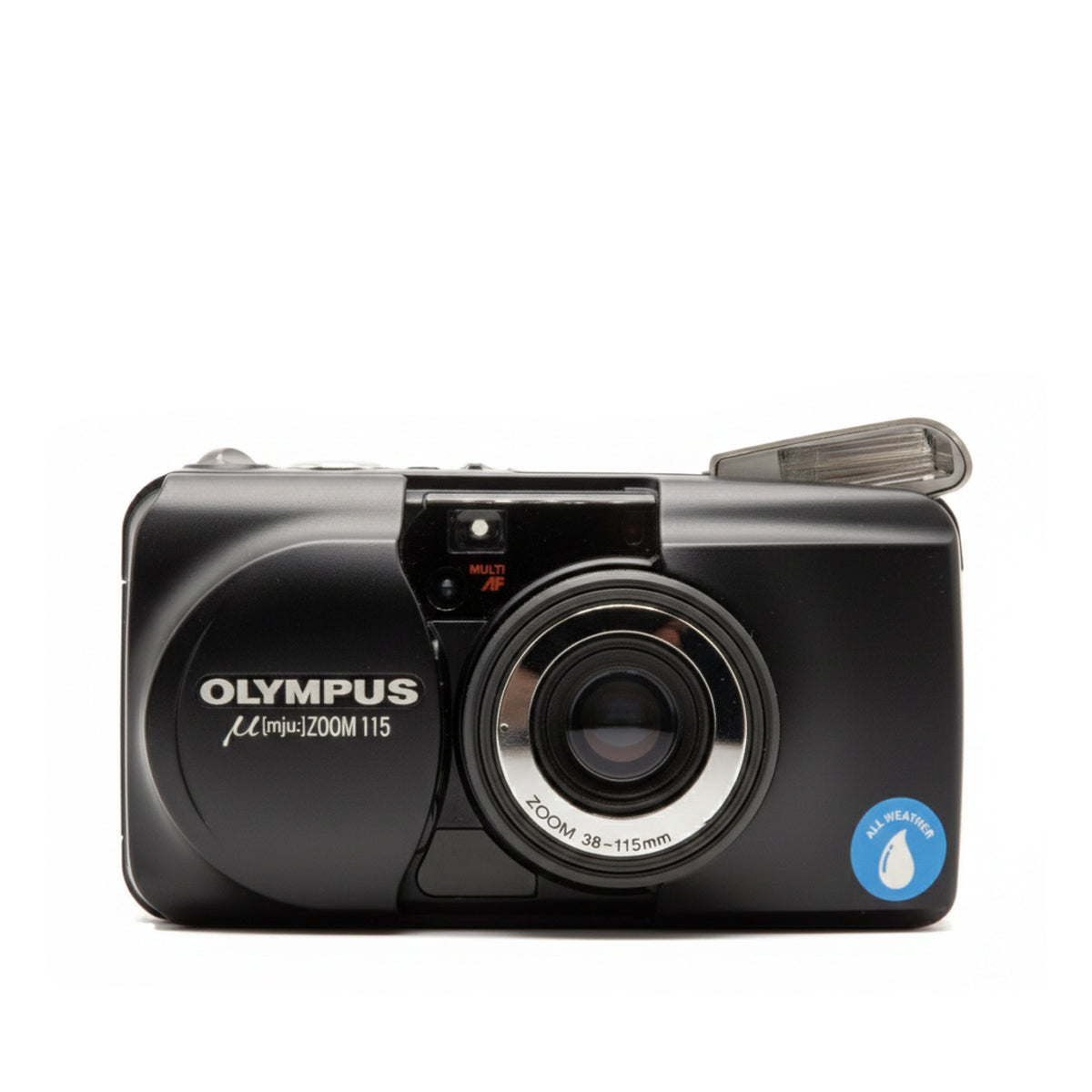 Olympus MJU Zoom 115 35mm film camera (Black) – front view of this vintage point-and-shoot camera