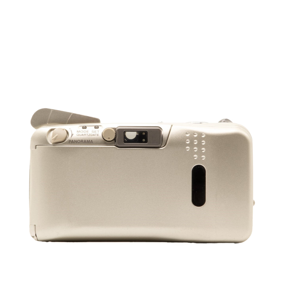Back view of the Olympus MJU Zoom 115 vintage 35mm camera showing film door and controls