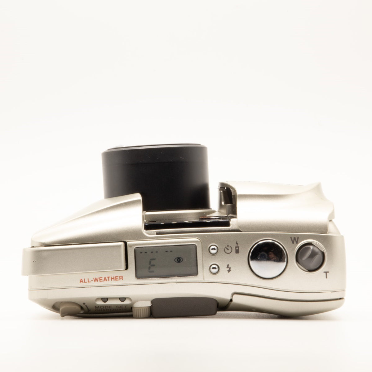 Top plate of the Olympus MJU Zoom 115 35mm film camera showing shutter button and dials