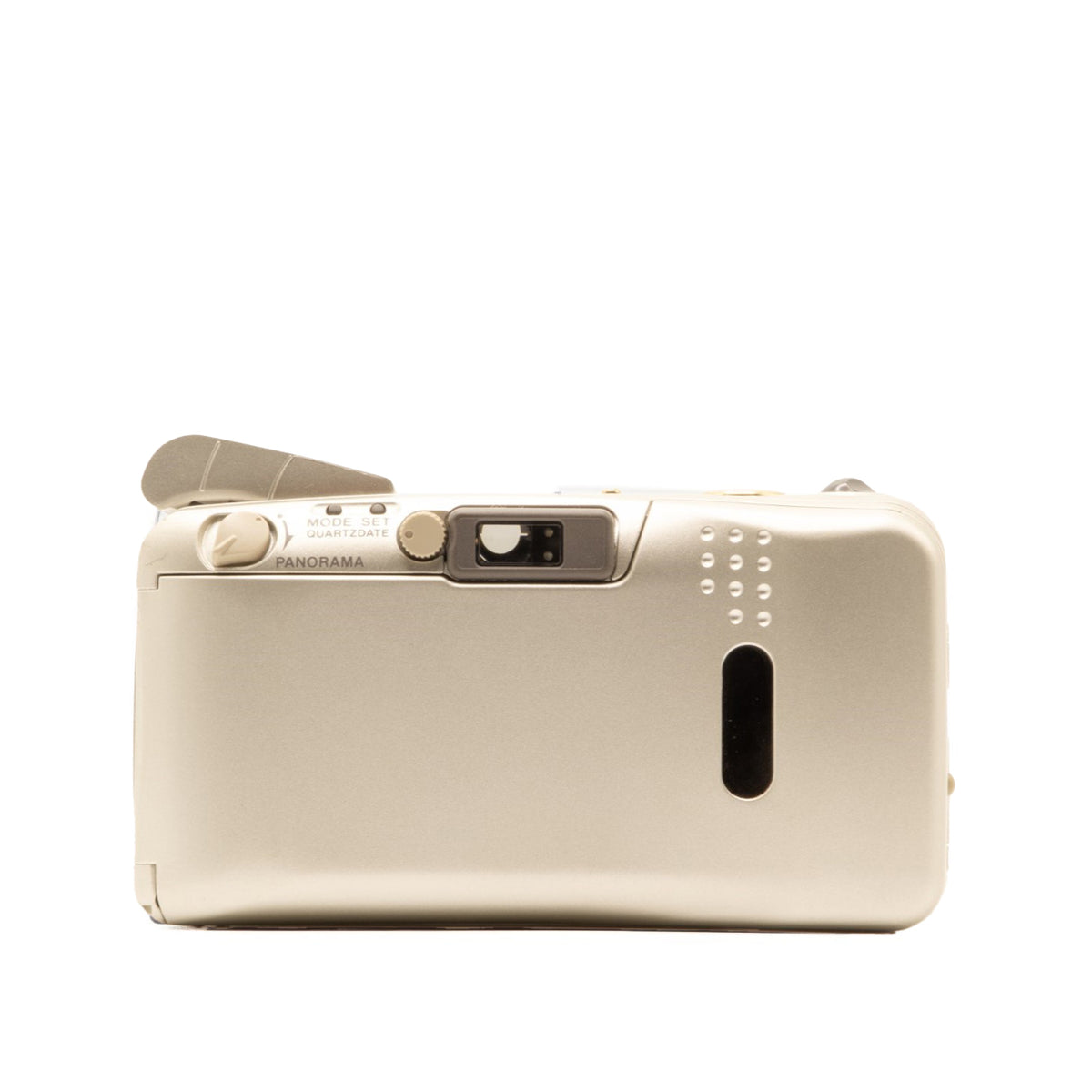 Back view of the Olympus MJU Zoom 115 Deluxe vintage 35mm camera showing film door and controls