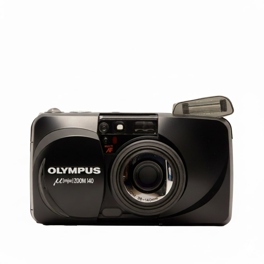 Olympus MJU Zoom 140 35mm film camera – front view of this vintage point-and-shoot camera