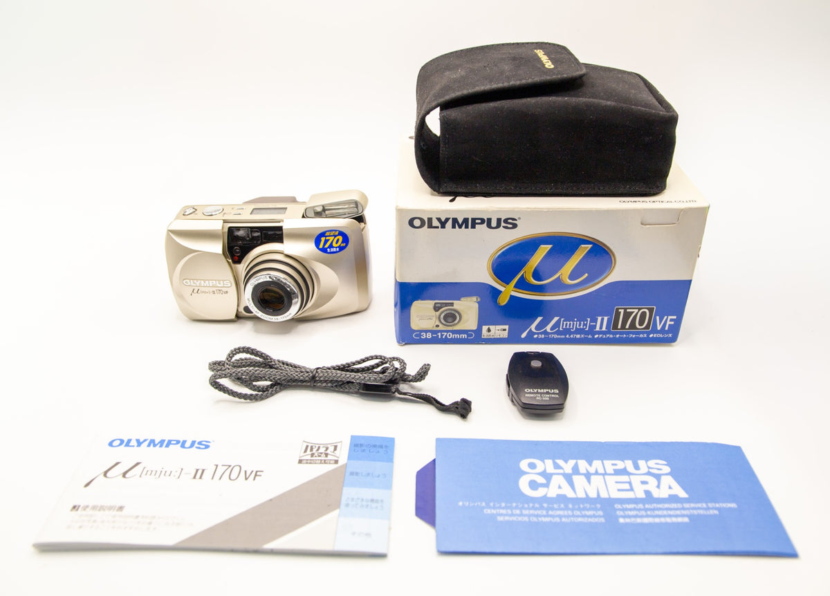 Olympus MJU II 170 VF 35mm film camera bundle deal – includes original OEM accessories such as the strap, remote and box