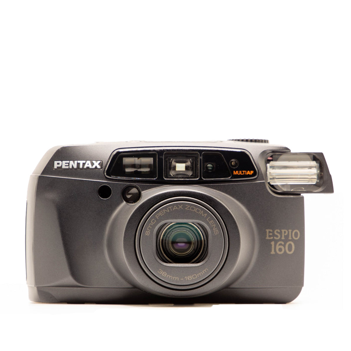 Pentax Espio 160 35mm film camera in black – front view of this vintage point-and-shoot camera